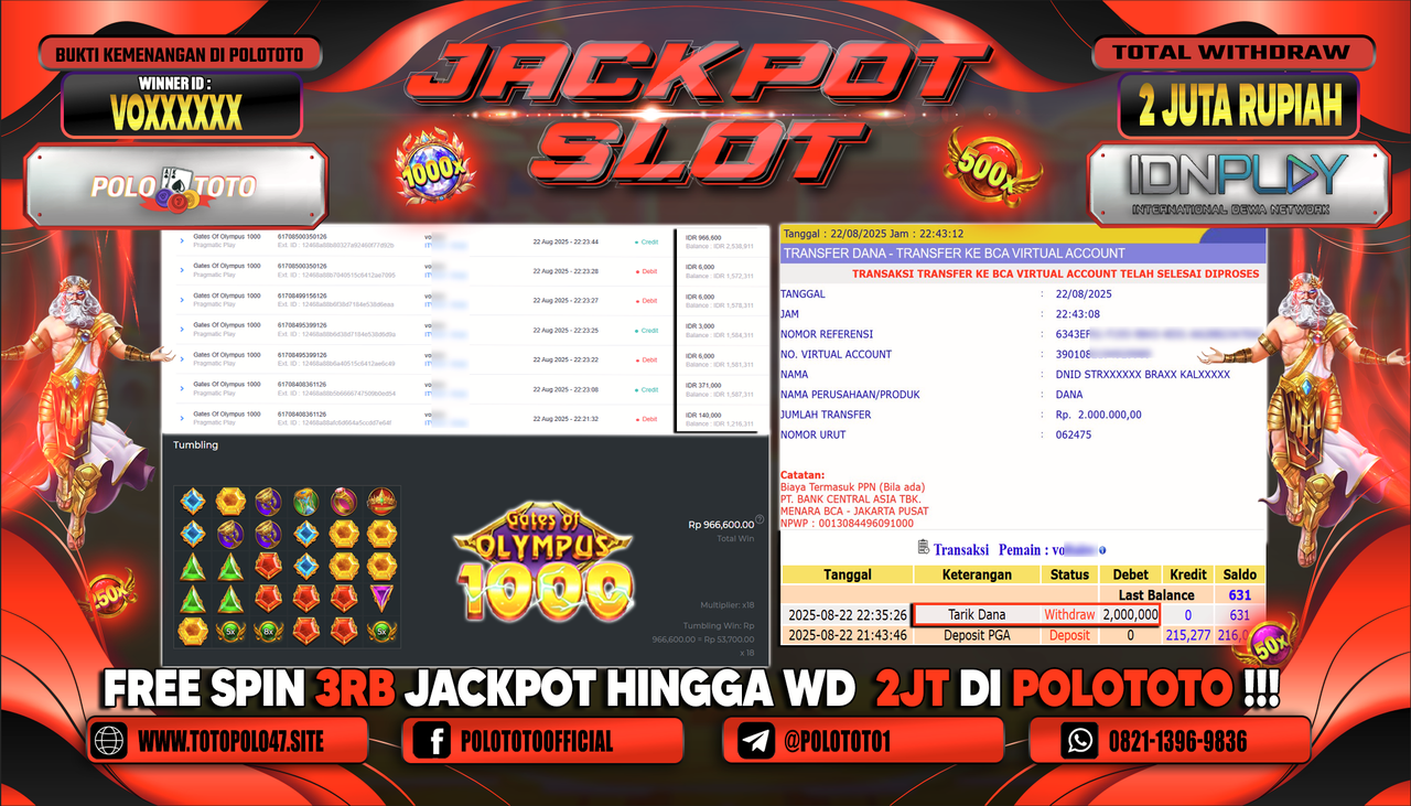 POLOTOTO JACKPOT SLOT GATES OF OLYMPUS 1000 Rp.2.000.000,-