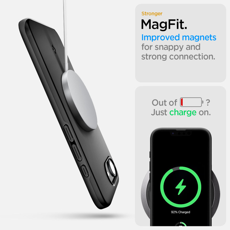 El forro Spigen Thin Fit mostrando su anillo magnético MagSafe integrado.
