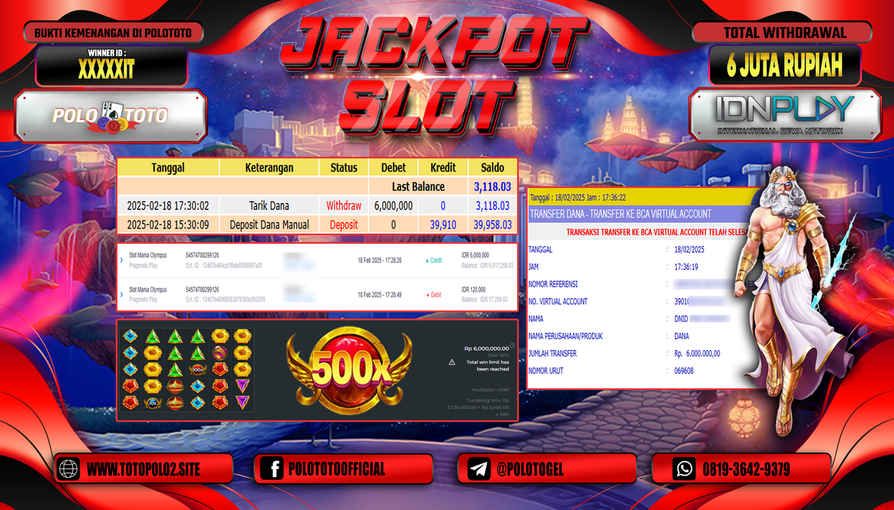 POLOTOTO JACKPOT SLOT MANIA OLYMPUS Rp.6.000.000,-