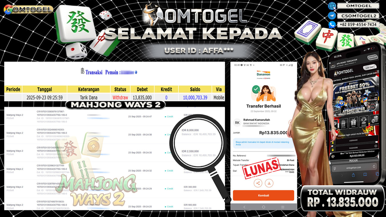 OMTOGEL JACKPOT PGSOFT MAHJONG WAYS 2 13 JUTA DI BAYAR LUNAS ,-