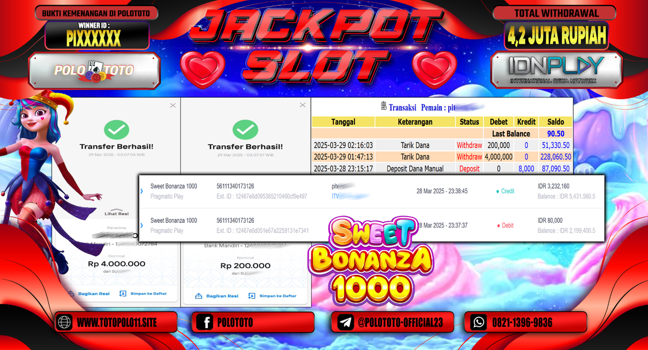 POLOTOTO JACKPOT SLOT SWEET BONANZA 1000  Rp.4.200.000,-