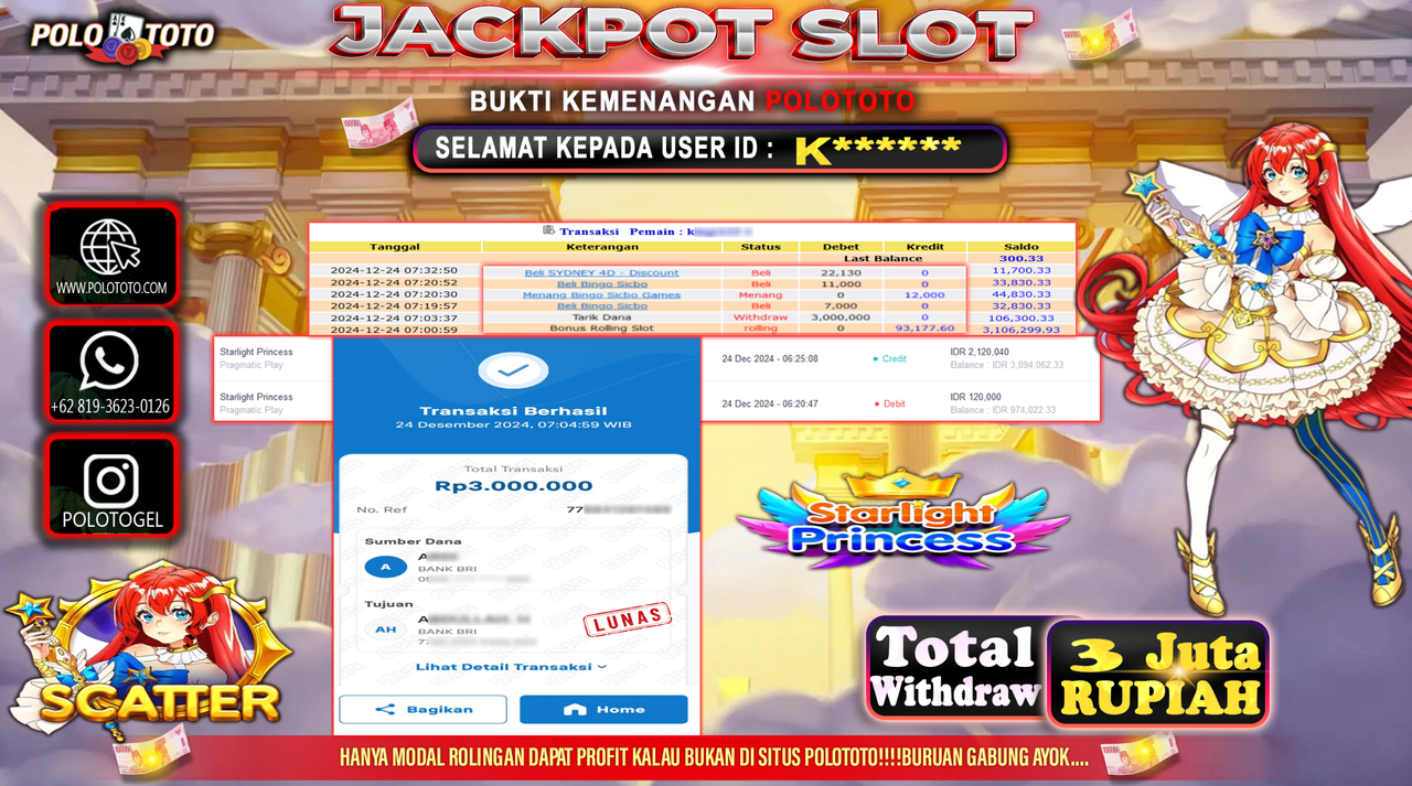 POLOTOTO JACKPOT SLOT STARLIGHT PRINCESS Rp.3,000.000,-