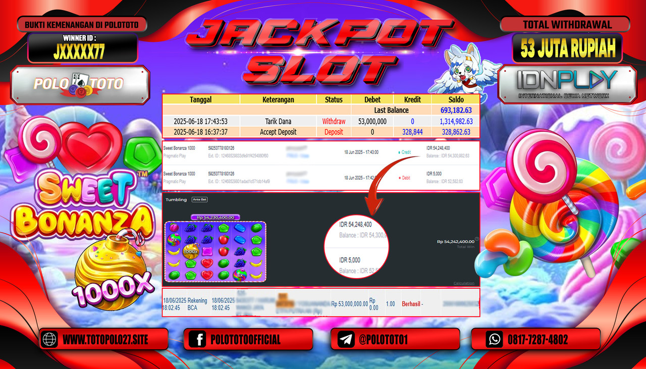 POLOTOTO JACKPOT SLOT SWEET BONANZA 1000 Rp.53.000.000,- LUNAS