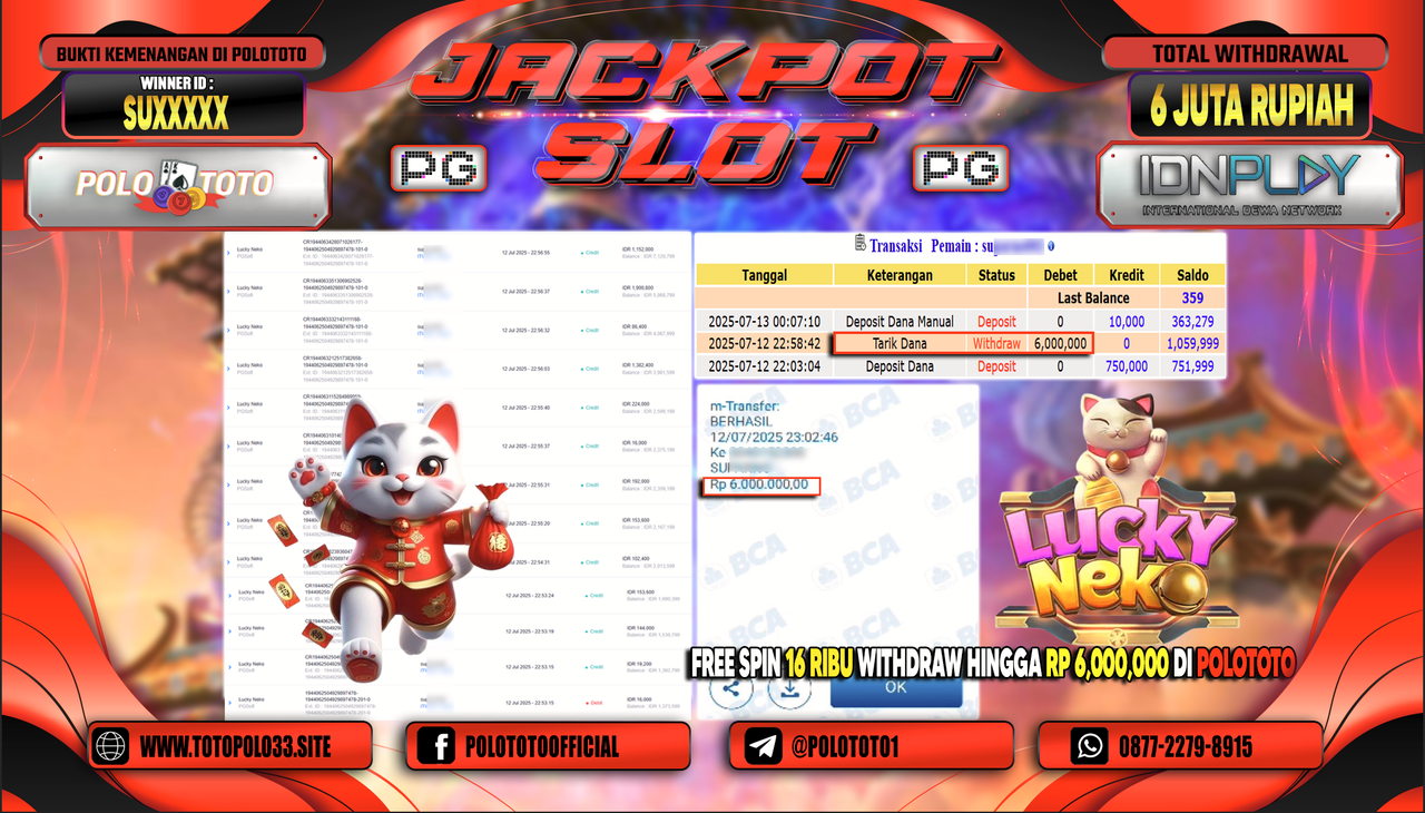 POLOTOTO JACKPOT SLOT LUCKY NEKO Rp.6.000.000,-