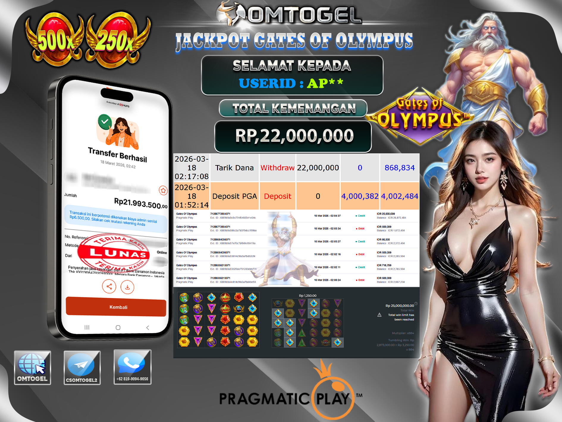OMTOGEL JACKPOT PRAGMATIC PLAY GATES OF OLYMPUS , 22 JUTA DI BAYAR LUNAS ,-