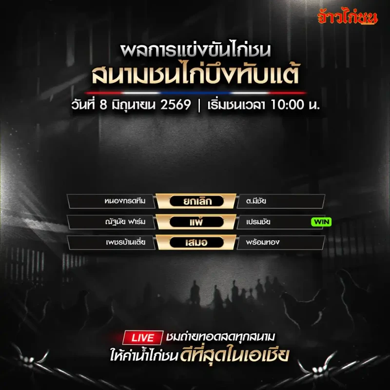 สรุปผลไก่ชน สนามชนไก่บึงทับแต้ วันที่ 8 มิถุนายน 2026