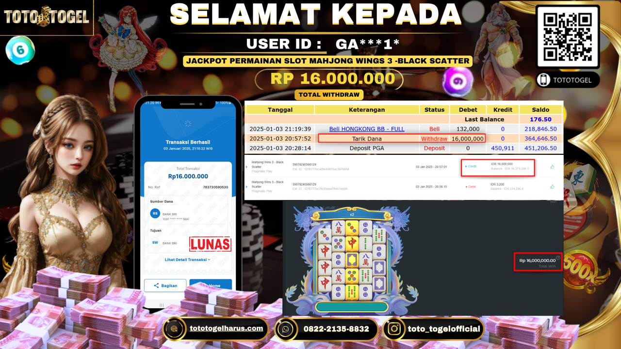 Bukti Pembayaran Jackpot  Permainan Slot Mahjong Wings 3- Black  : GA***1* LUNAS