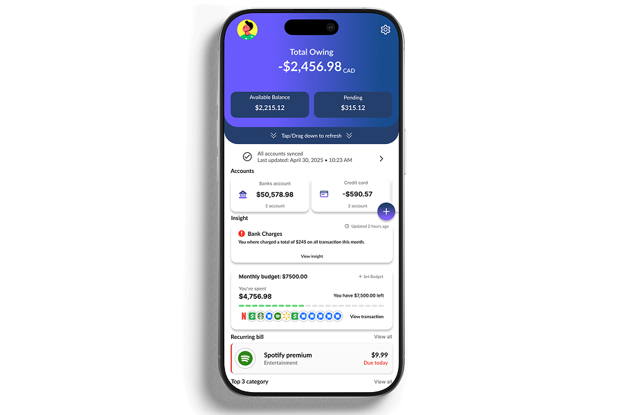 A mockup of the NeoSpend app's main dashboard, showing unified bank accounts, cards, and investment balances.