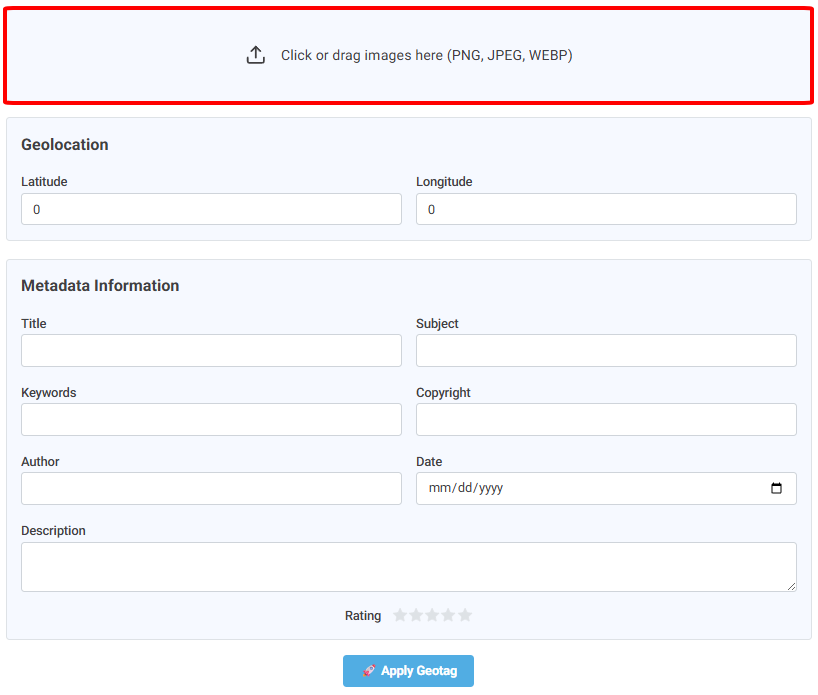 Giao diện kéo thả của công cụ Geotag Photo by ScapBot