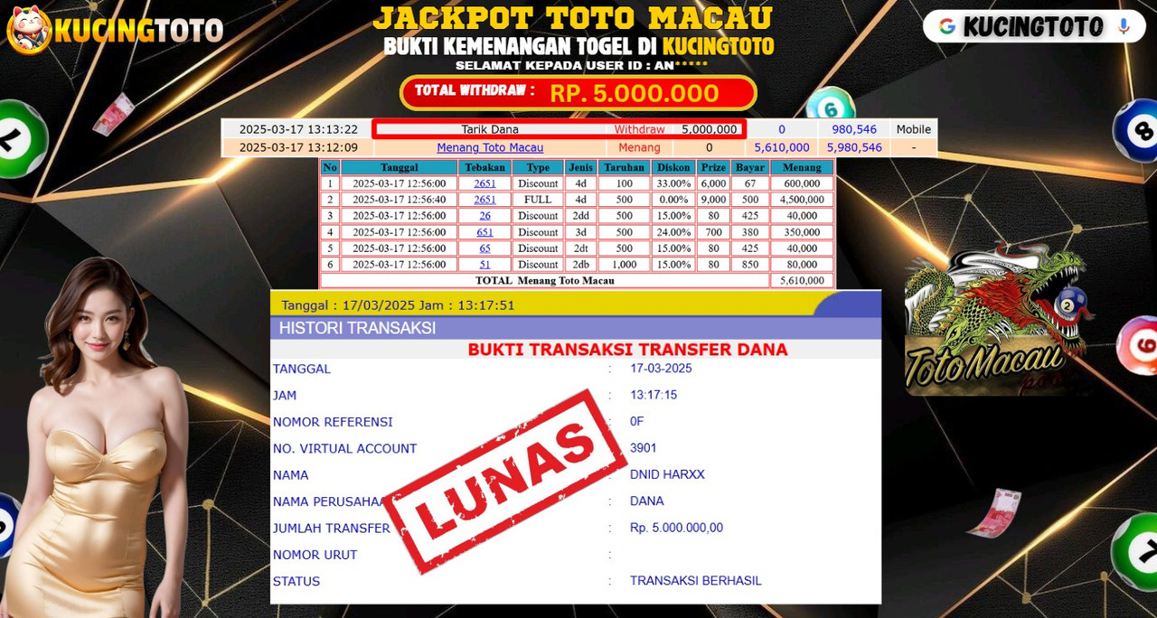 KUCINGTOTO JACKPOT TOGEL TOTO MACAU RP.5.000.000.,- LUNAS