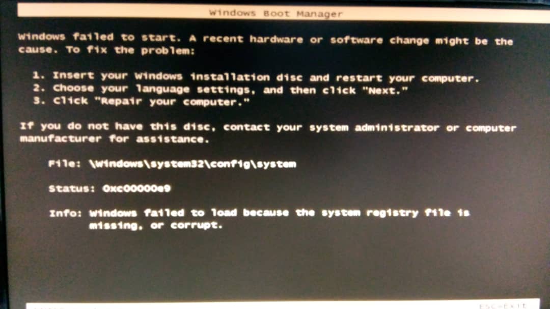 SOLVED] - How to fix error code 0xc00000e9 in windows 7 boot up? (Registry  Damaged) | Tom's Hardware Forum