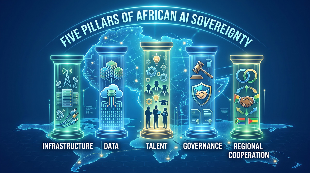 A concept illustration showing five pillars of AI sovereignty over an African map background