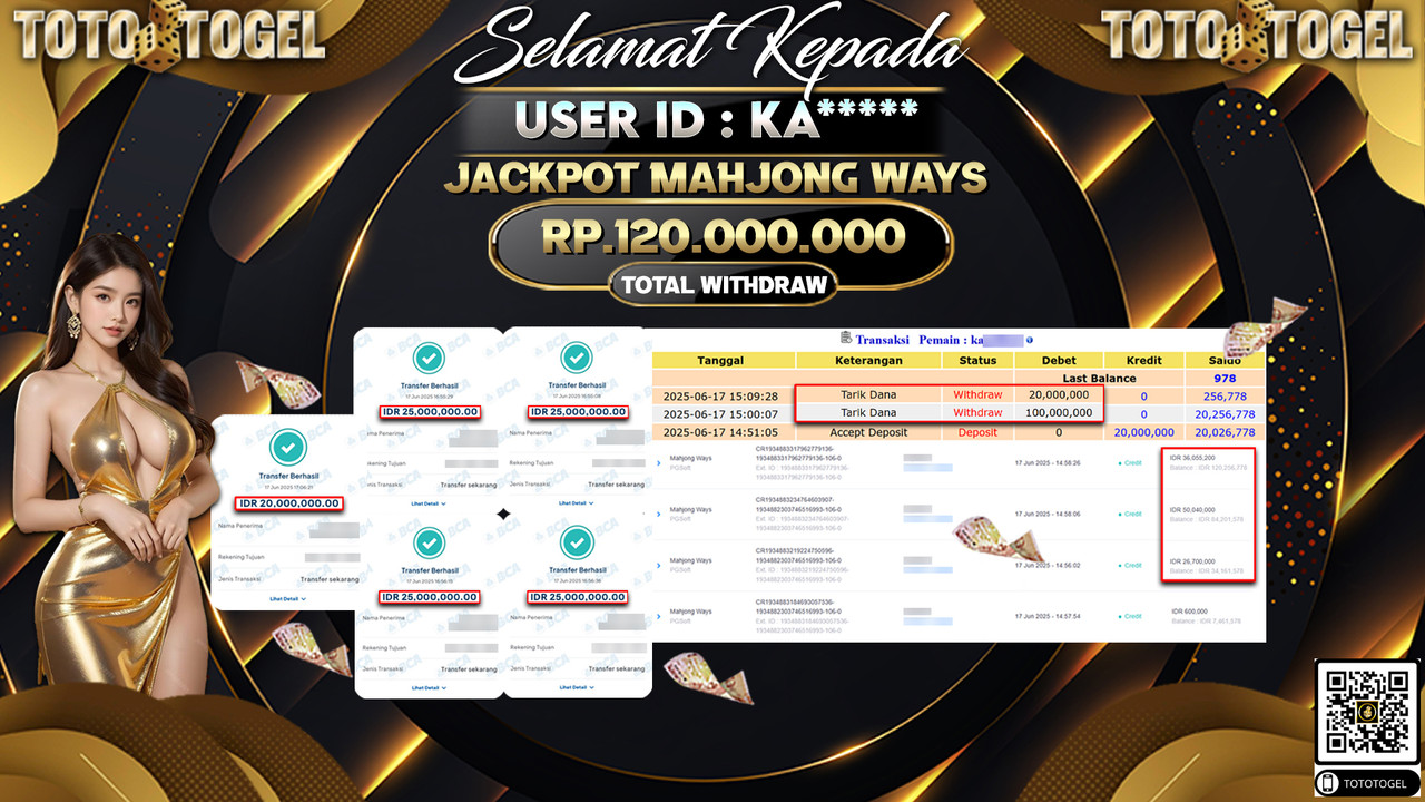 Bukti Pembayaran Jackpot Permainan Slot Mahjong Ways ID:KA***** LUNAS