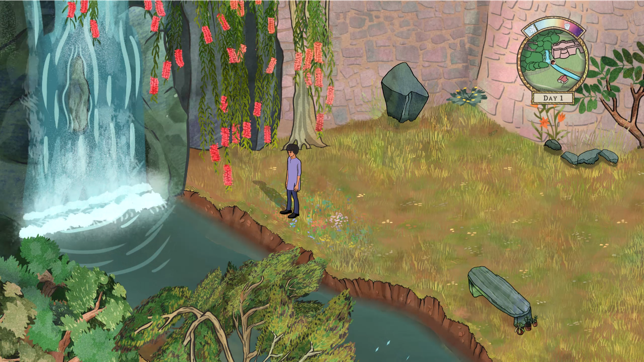 Gameplay screenshot showing Vir standing in front of a waterfall