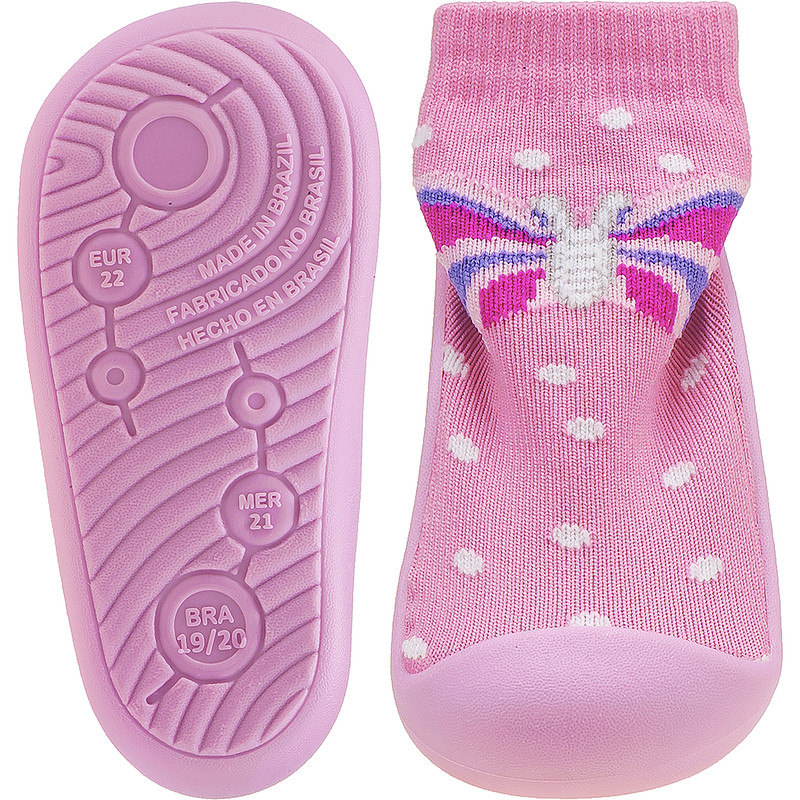 Meia com sola rosa infantil antiderrapante borboleta miniatura 2