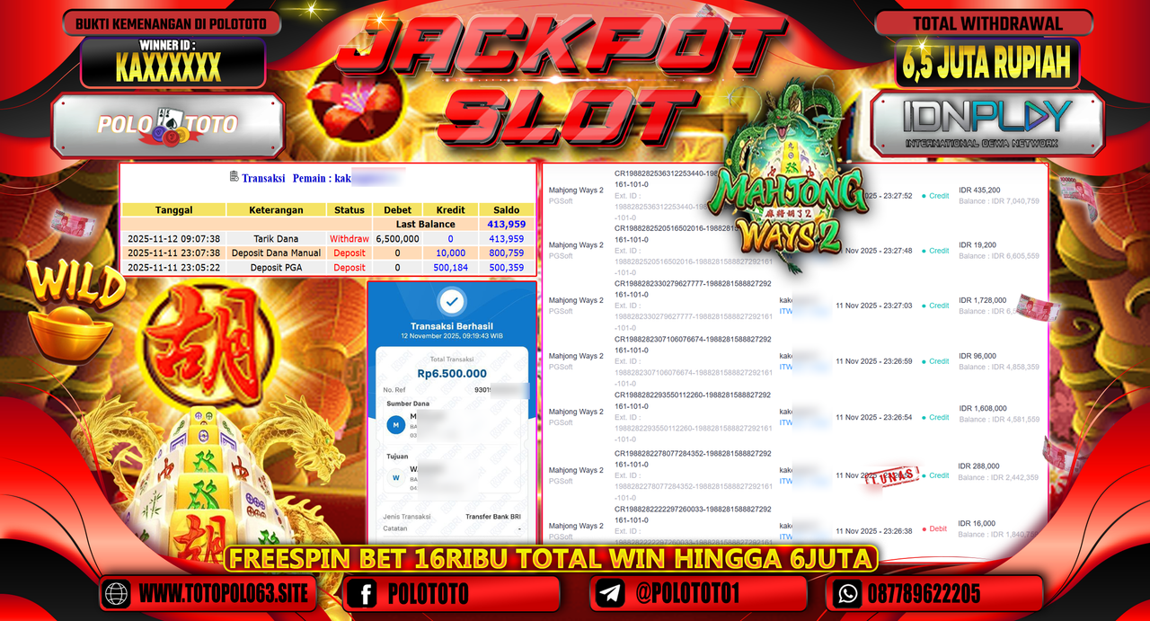 POLOTOTO JACKPOT SLOT MAHJONG WAYS 2 Rp.6.500.000,- LUNAS