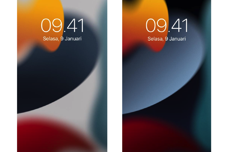 Ilustrasi tampilan desain wallpaper iOS 15. (kiri) Wallpaper iOS 15 untuk mode cerah. (kanan) Wallpaper iOS 15 untuk mode gelap.
