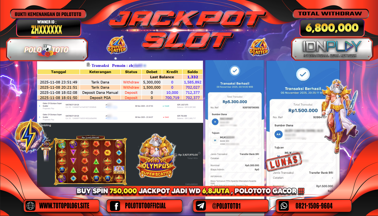POLOTOTO JACKPOT SLOT GATES OF OLYMPUS SUPER SCATTER Rp.6.800.000,- LUNAS