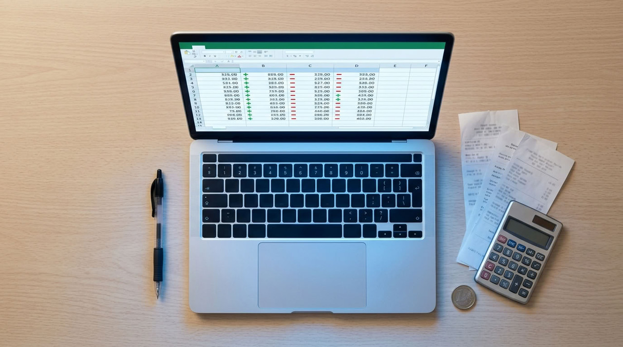 Чеки и калькулятор рядом с бюджетной таблицей в Excel