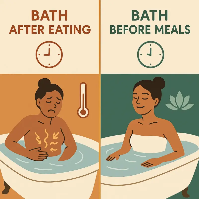 Infographic comparing effects of bathing after meals vs. before meals according to Ayurveda.