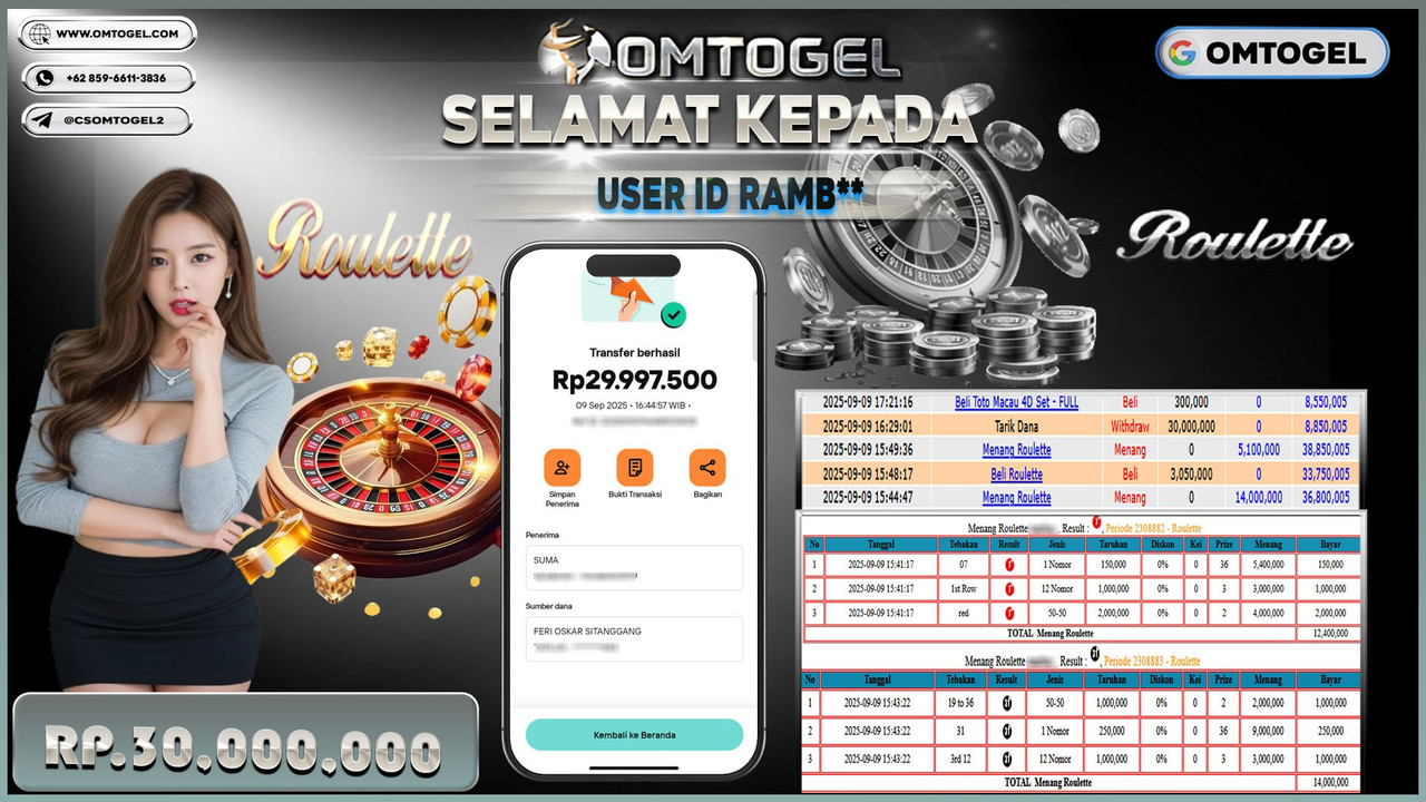 OMTOGEL JACKPOT LIVE GAMES ROULETTE 30 JUTA DI BAYAR LUNAS ,-
