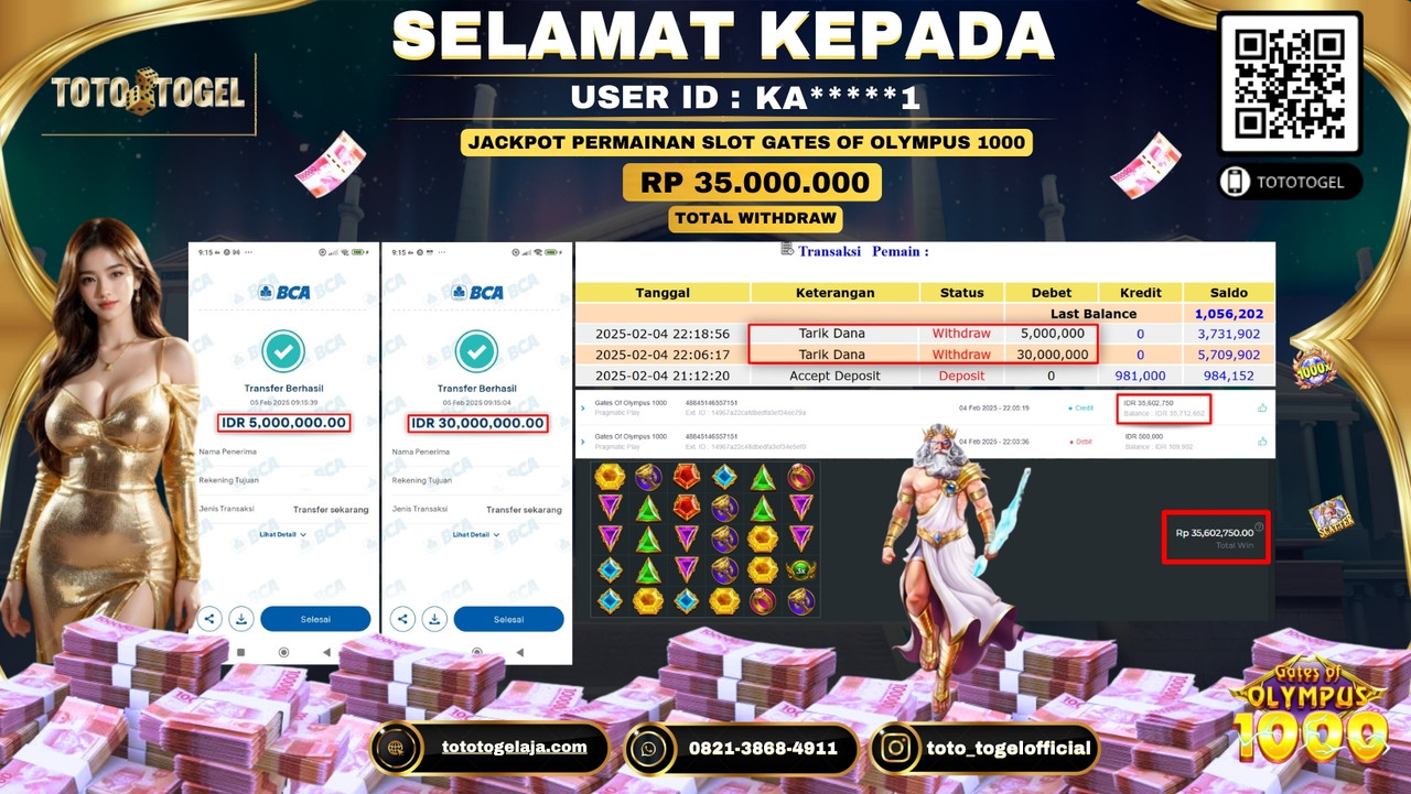 Bukti Pembayaran Jackpot  Permainan Slot Gates Of Olympus 1000  ID:KA****1  LUNAS