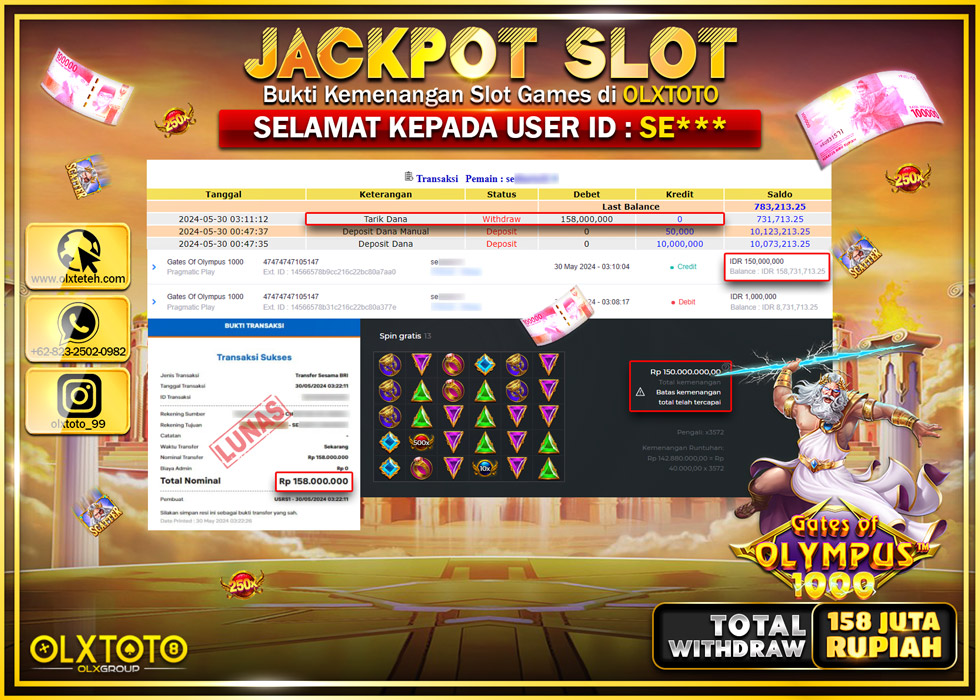 OLXTOTO JACKPOT SLOT GATES OF OLYMPUS 1000  Rp.158.000.000.,- LUNAS