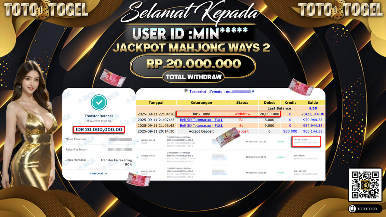 Bukti Pembayaran Jackpot Permainan Slot Mahjong Ways 2 ID:MIN***** LUNAS