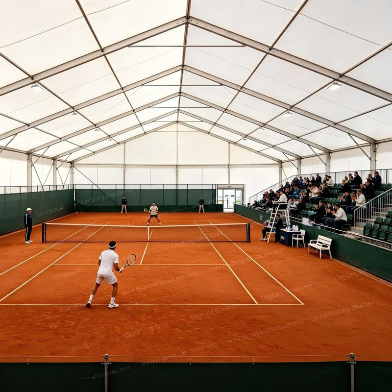 Indoor tennis tent with aluminum frame and PVC cover providing all-weather protection for tennis training