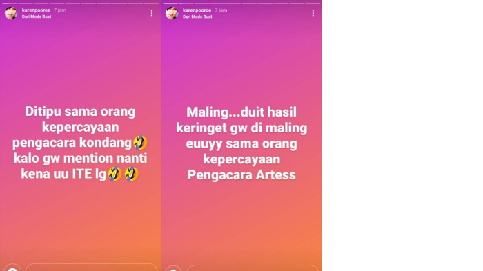 Unggahan Karen Pooroe terkait oknum orang kepercayaan pengacara artis yang menipunya