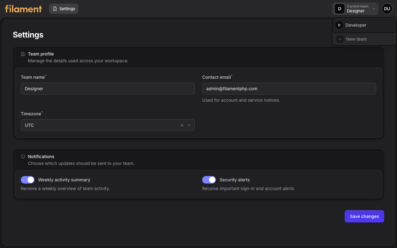 Stature Theme Tenant Settings with stacked navigation in dark mode