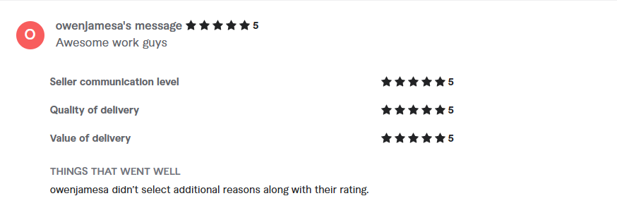 Screenshot of Owenjamesa's review on Fiverr