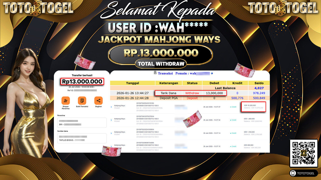 Bukti Pembayaran Jackpot Permainan Slot Mahjong Ways ID:WAH*****LUNAS
