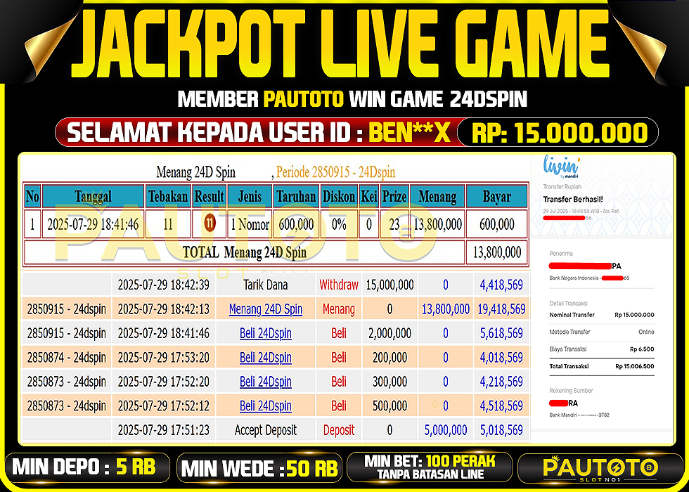 BUKTI PEMBAYARAN TGL 29 JULY 2025 MENANG DI PERMAINAN 24D SPIN TOTAL WD 15 JUTA