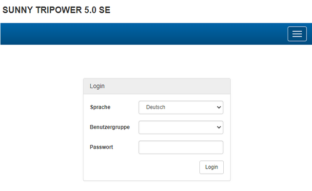 Sunny Tripower Seite mit Anmeldung