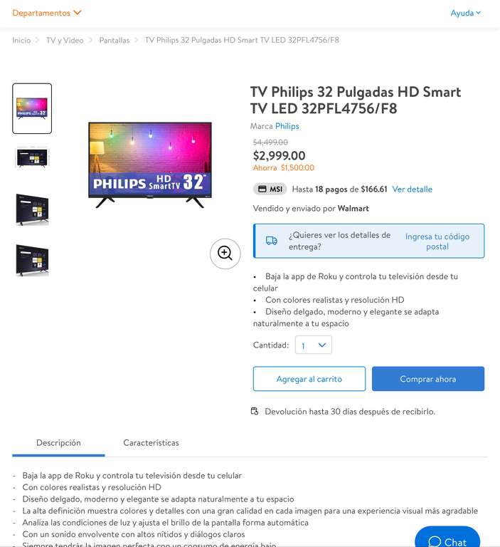 Walmart: TV Philips 32 Pulgadas HD Smart TV LED 
