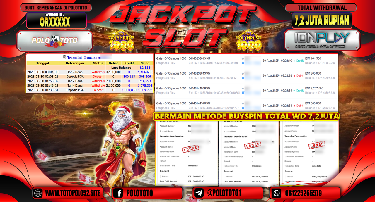 POLOTOTO JACKPOT SLOT GATES OF OLYMPUS 1000 Rp.7.200.000,-