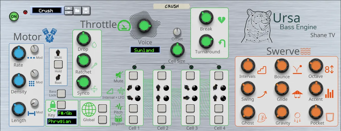 Ursa Bass Engine generative bassline player for Reason Rack creating humanized hip hop and electronic bass grooves.