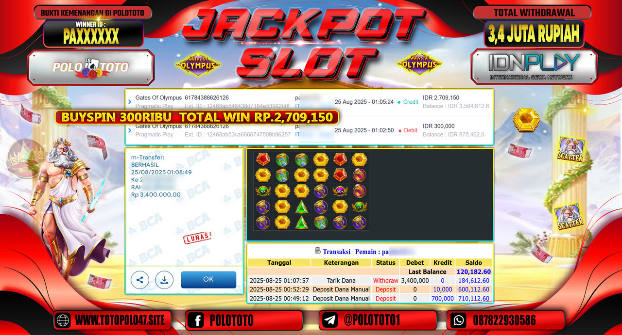 POLOTOTO JACKPOT SLOT GATES OF OLYMPUS Rp.3.400.000,-