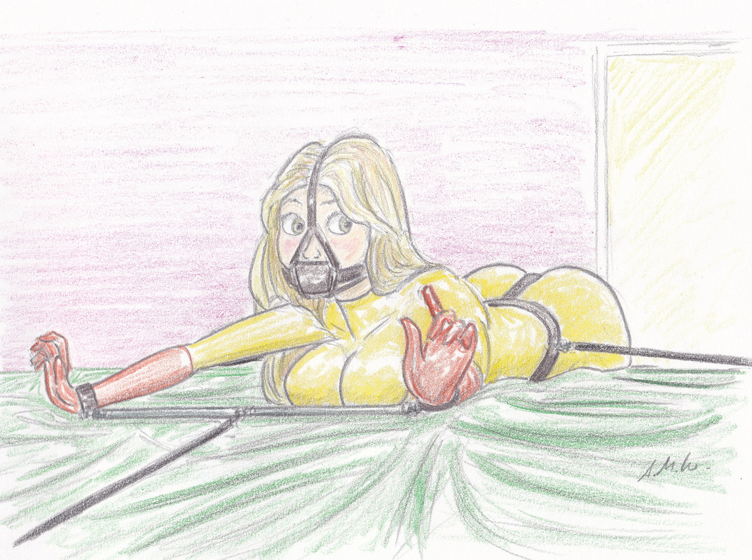 Spread over the bed awaiting her punishment