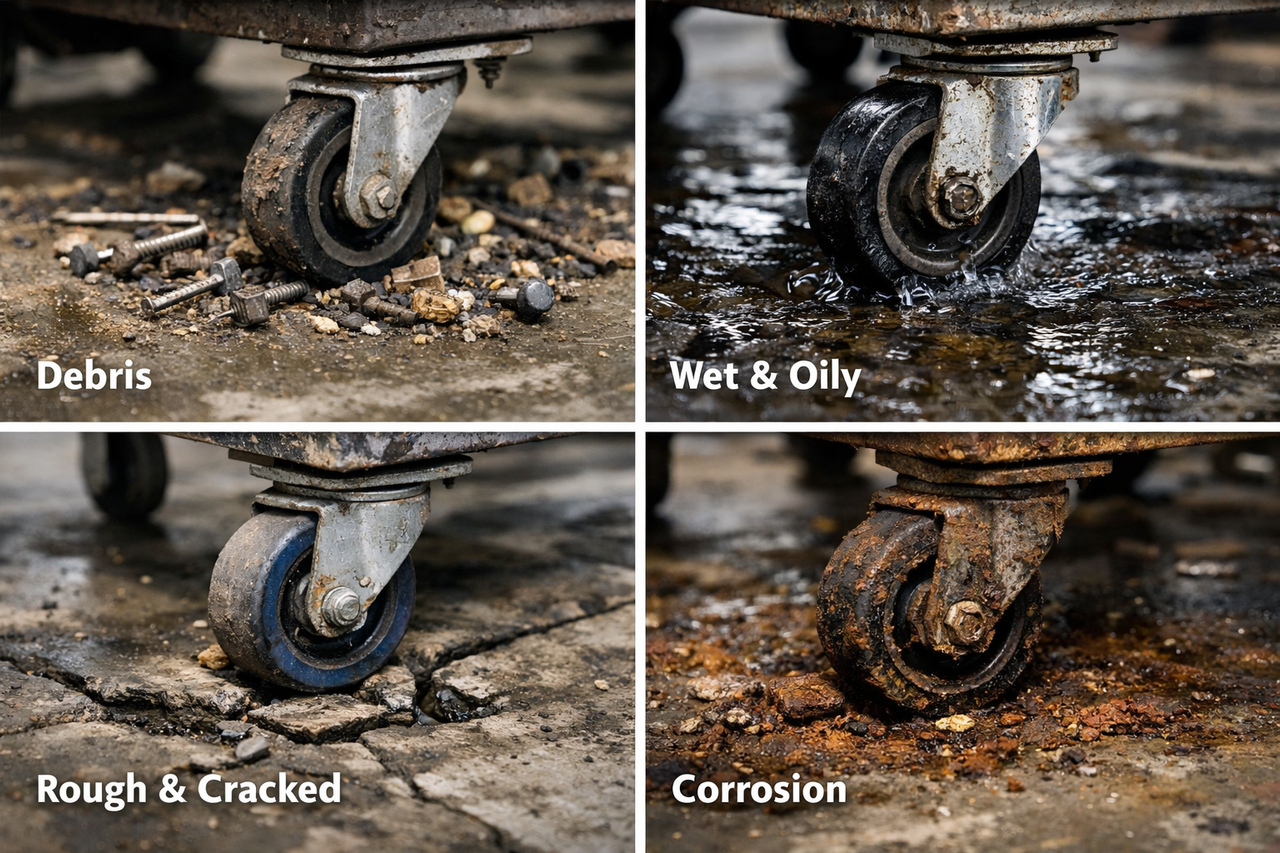 Industrial floor conditions affecting caster wheel performance