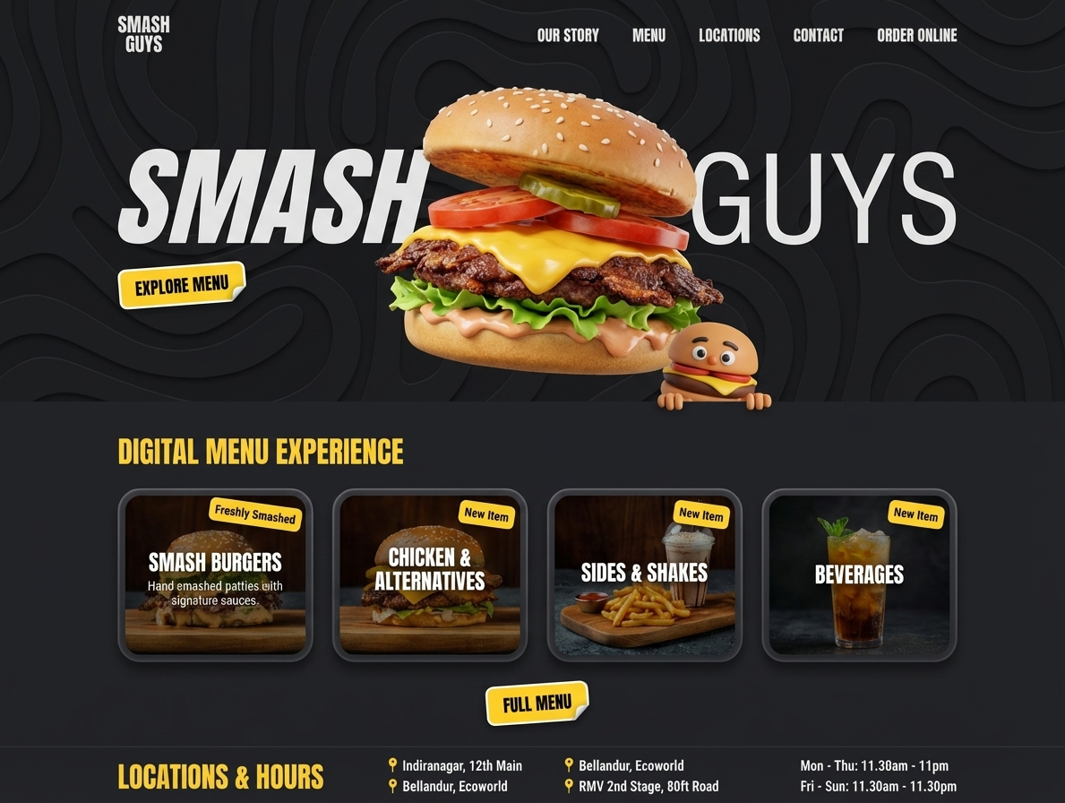 Smash Guys digital menu experience showing smash burgers, fried chicken, and veggie categories on mobile-optimized layout