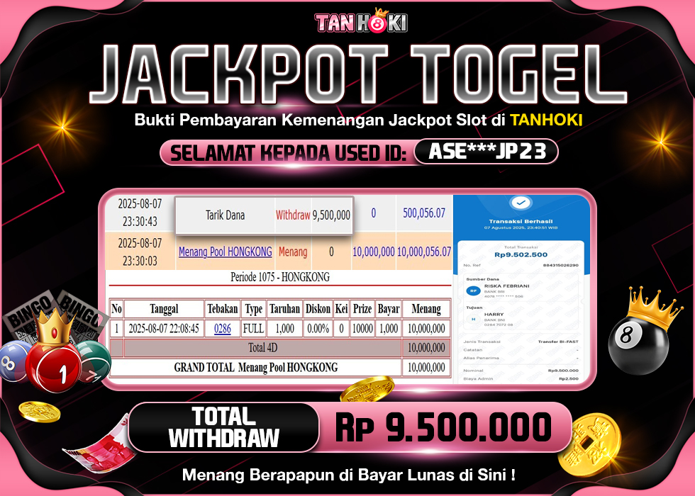 TANHOKI JACKPOT TOGEL HONGKONG LOTTO  Rp.9.500.000,- LUNAS