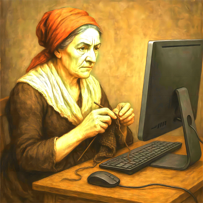 Create an image of madam dufarge in front of a computer