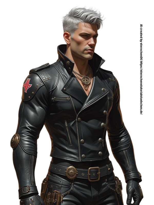hells angel, man ,steampunk in black leather clothes, silver short Hair, 3D painting,  full body