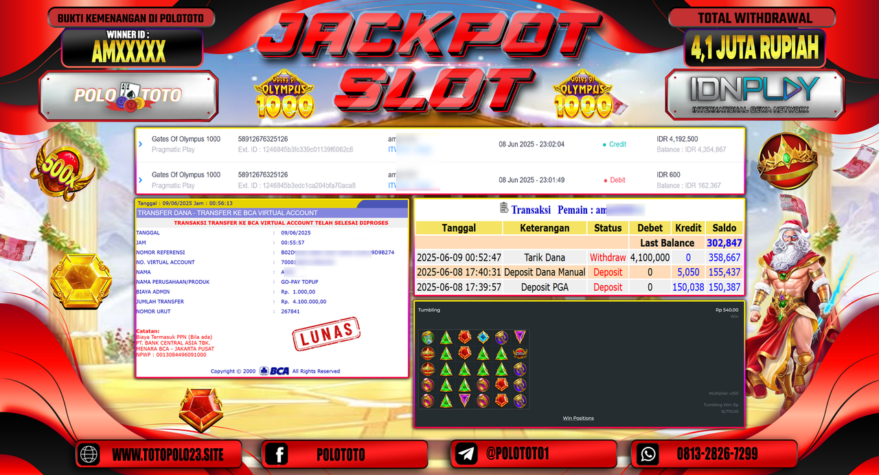 POLOTOTO JACKPOT SLOT GATES OF OLYMPUS 1000 Rp.4.100.000,-