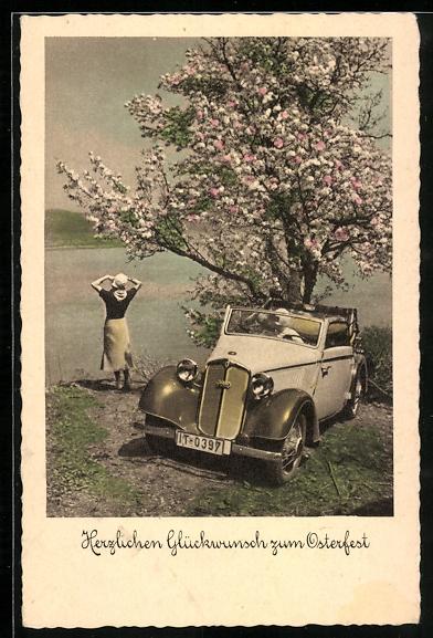 AK Glueckwunsch zum Osterfest DKW Cabrio unter bluehendem Baum