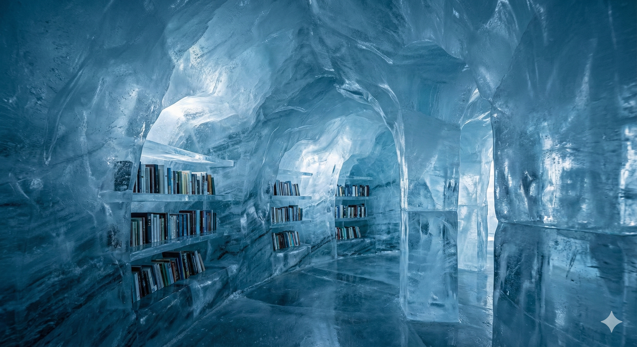 Futuristic library concept inspired by ice formations.