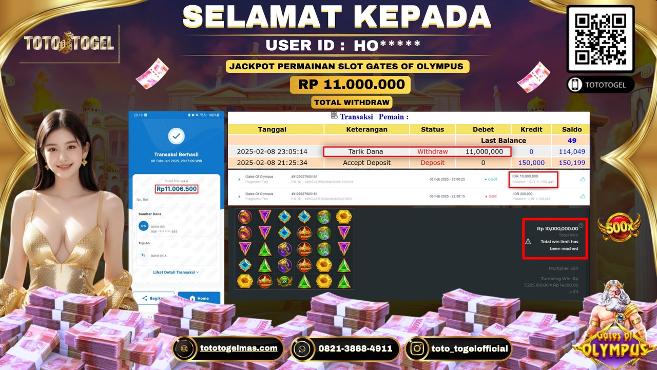 Bukti Pembayaran Jackpot  Permainan Slot Gates Of Olympus  ID:HO****  LUNAS