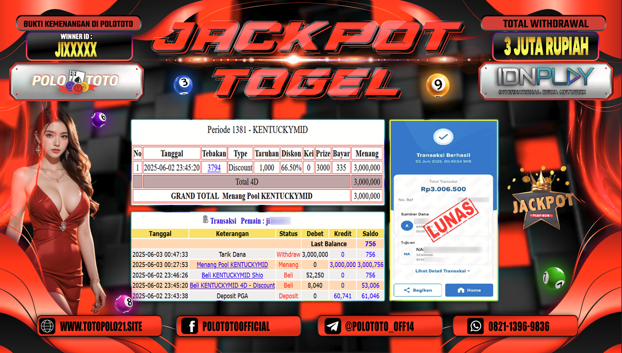 POLOTOTO JACKPOT TOGEL KENTUCKY MIDDAY Rp.3.000.000,-
